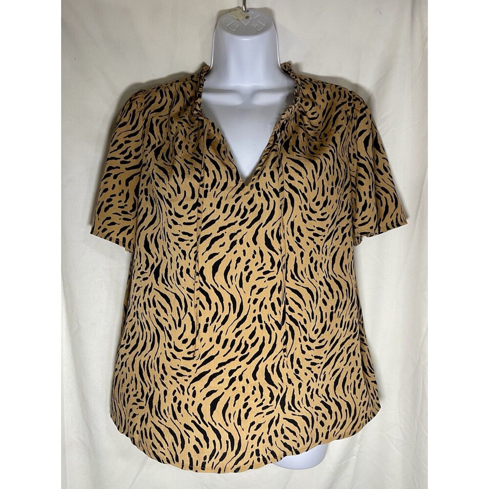 Nine West Women's Top Large Tan Black Tiger Print Short Sleeve Ruffle V-Neck L